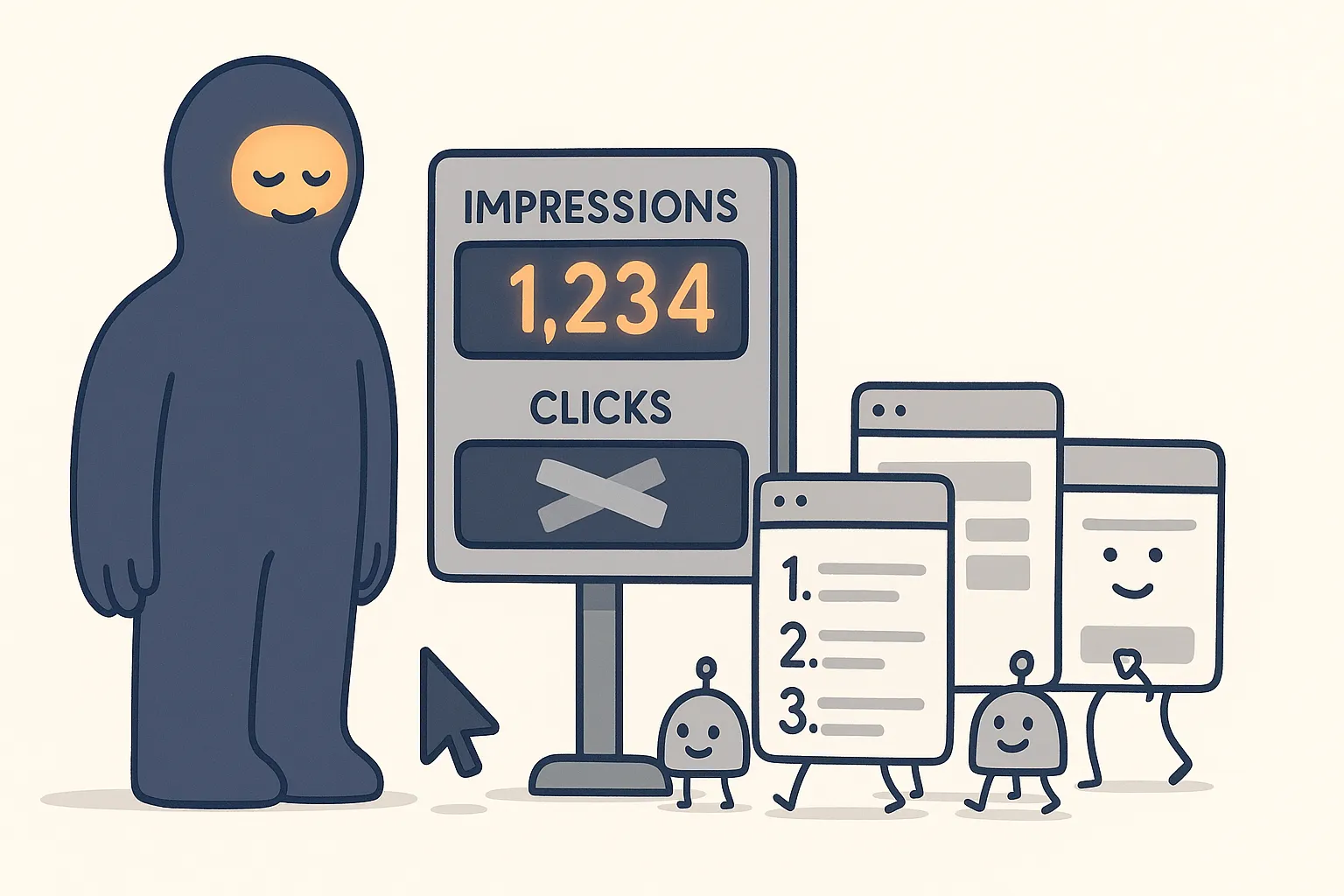 A calm Google AI-Overview character holds up a scoreboard showing only an impressions counter, with the clicks counter taped over and blank, while little listicle and comparison-table page characters line up to be counted.