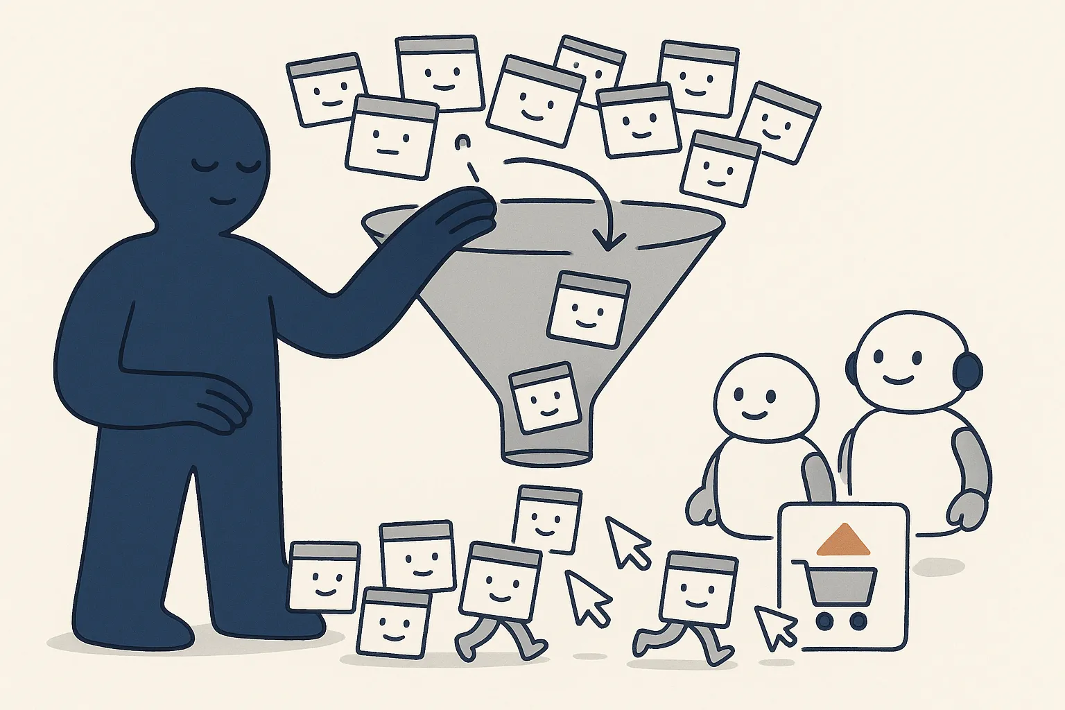 A central funnel with web-page characters pouring into the wide top, where a calm AI-Overview character siphons some of them away, while a steady stream of page characters exits the narrow bottom and walks toward a shopping-cart checkout, converting.