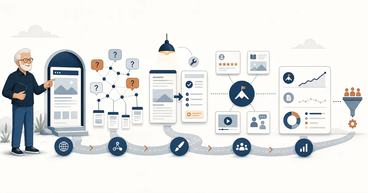 A strategist guides a connected five-stage route from a crawlable webpage through buyer-question mapping, a content retrofit, third-party corroboration, and a measurement dashboard leading to pipeline.