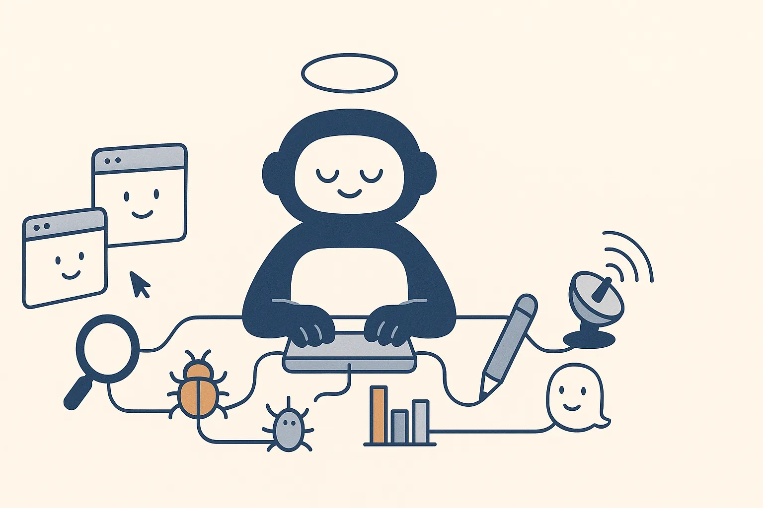 A friendly AI-assistant character stands at the center of a workbench connecting smaller tool characters (a magnifying glass for research, a crawler bug, a chart, a pen) by little cables, while web-page characters move through the workflow.