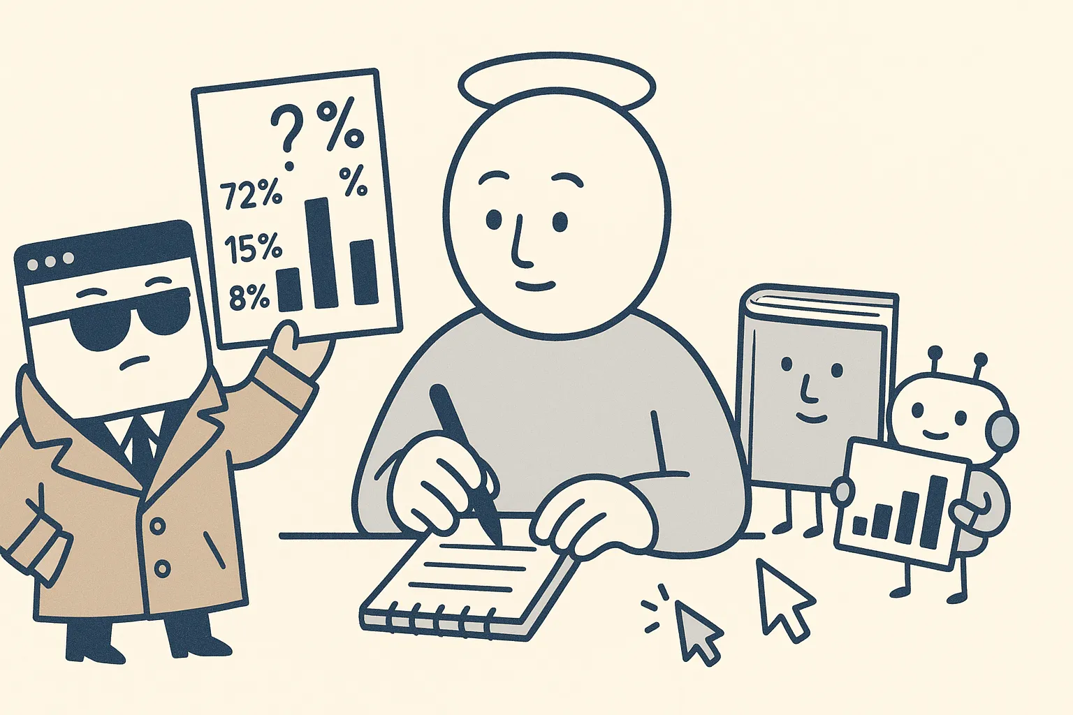 A shifty little website-page character in a trench coat holds up a chart covered in unsourced percentages and question marks to a calm, slightly puzzled AI-Overview character, who is about to copy the numbers down. Behind them, a proper reference-book character and an analyst character with a real chart wait unnoticed off to the side.