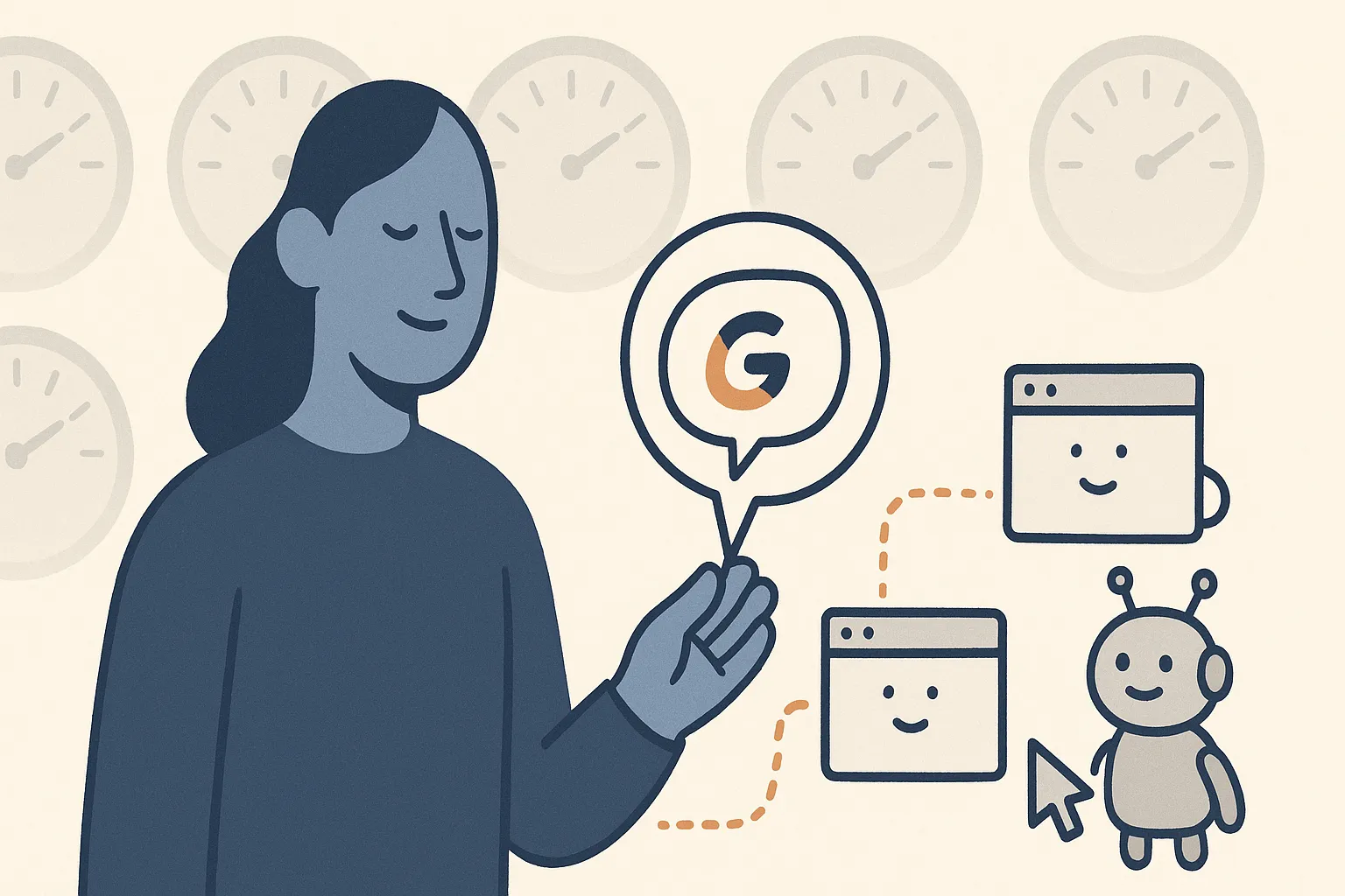 A calm navy strategist holds a single clear gauge showing a brand named inside a speech bubble, while a wall of glowing vanity score dials blurs behind them and an amber thread traces from third-party source cards into the answer.