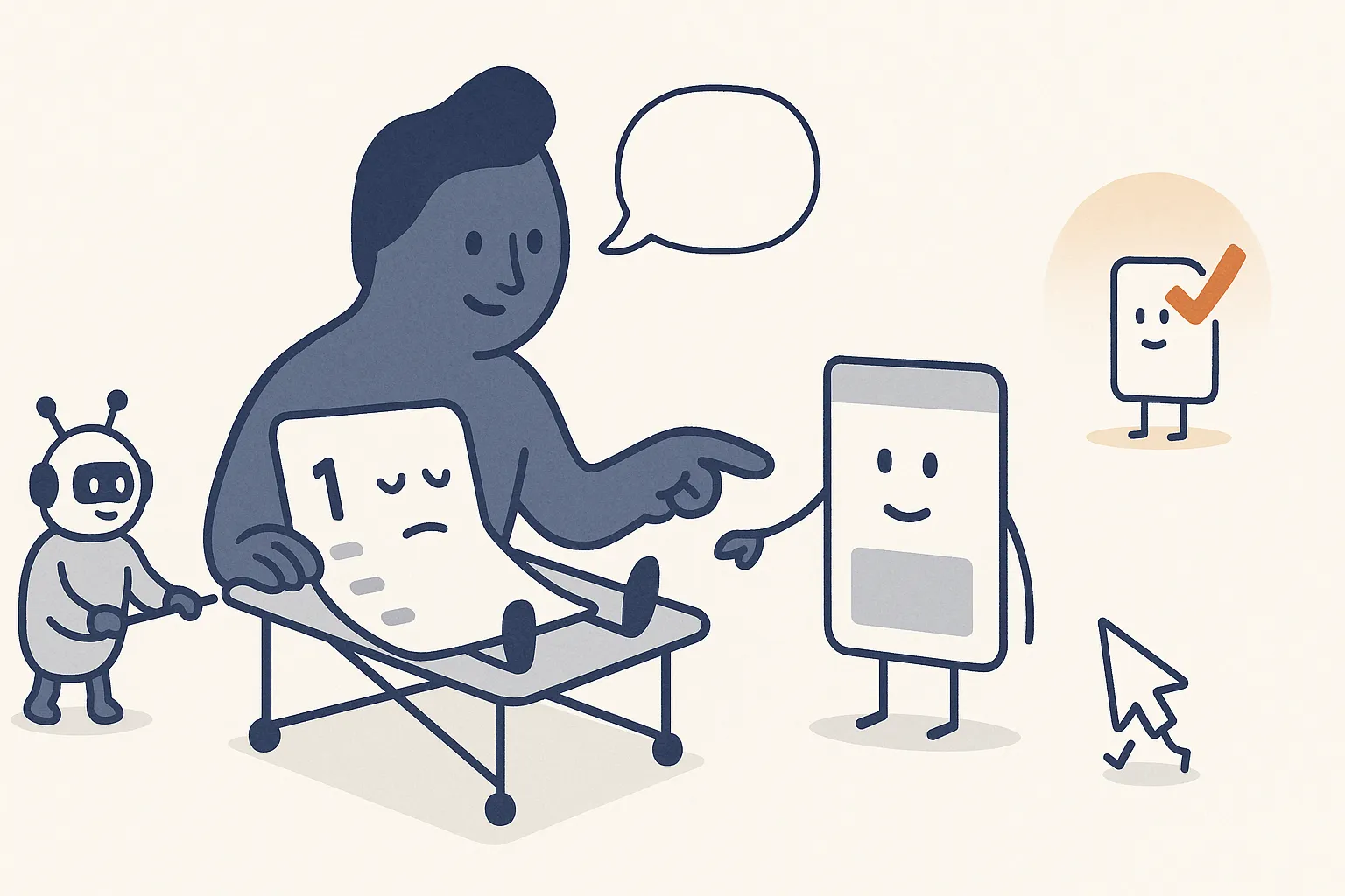 A generic numbered listicle page character lies faint on a stretcher while a calm AI-Overview character reads it and points approvingly at a rival page being recommended; off to one side, a different page character holding a bold checkmark verdict sign stands upright and spotlit.