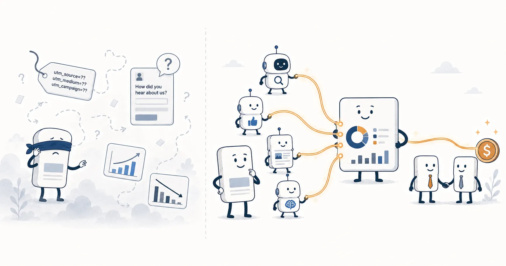 Split scene: on the left a blindfolded web-page character lost among scattered UTM tags, a 'how did you hear about us?' form, and mismatched charts; on the right, channel-bot characters wired through an attribution dashboard that outputs a handshake and a dollar coin.