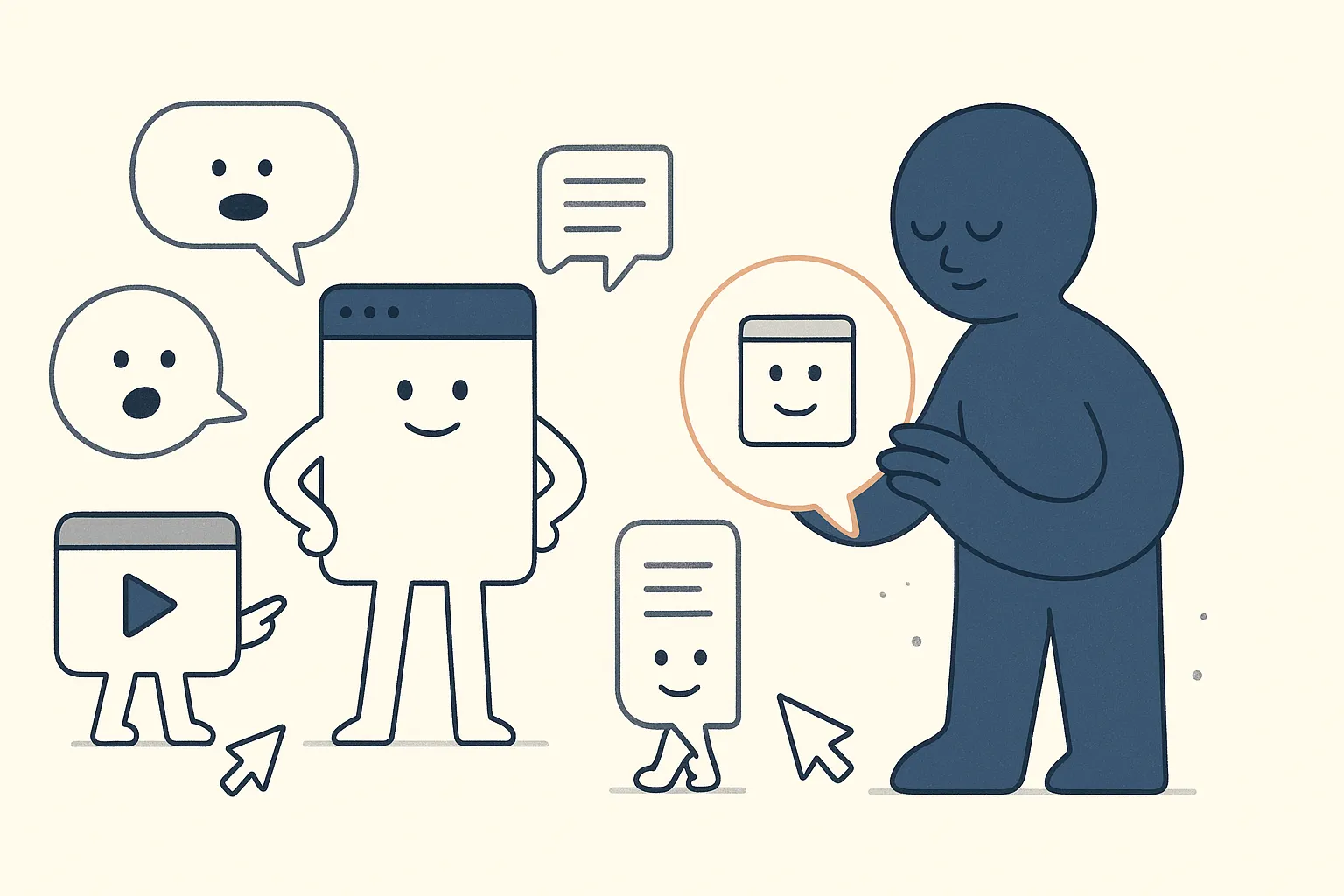 A brand page character stands at the center while many other site characters across the web (a forum, a video, a news article, a social post) point at it and say its name in little speech bubbles; a calm AI-Overview character listens to the chorus and names the brand in its answer.