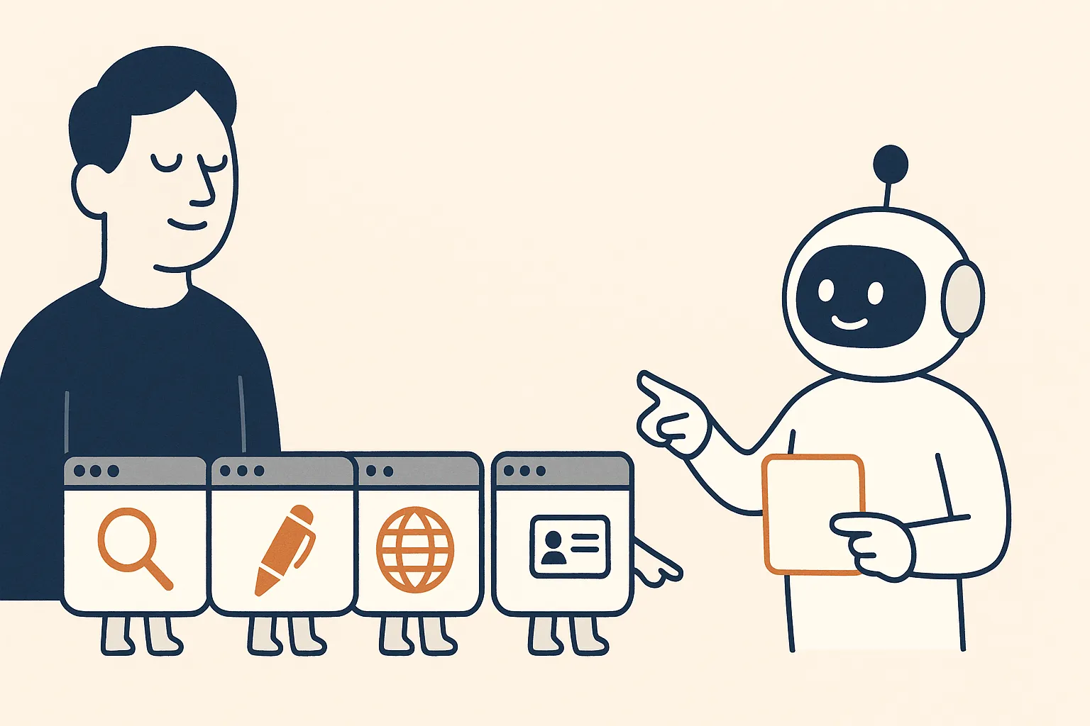 A navy guide character stands behind a lineup of four browser-window characters, each showing a specialty icon (a magnifying glass, a pen, a globe, an ID card), while a friendly AI assistant bot holds a blank answer card and points at the lineup.
