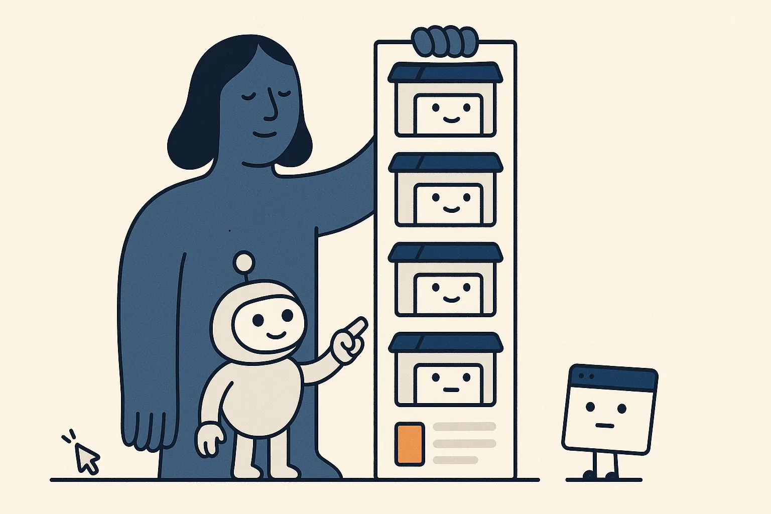 A calm navy character holds up a leaderboard lined with a row of small, friendly agency-storefront characters while a little AI-assistant bot points approvingly at the board and a single web-page character waits off to the side.