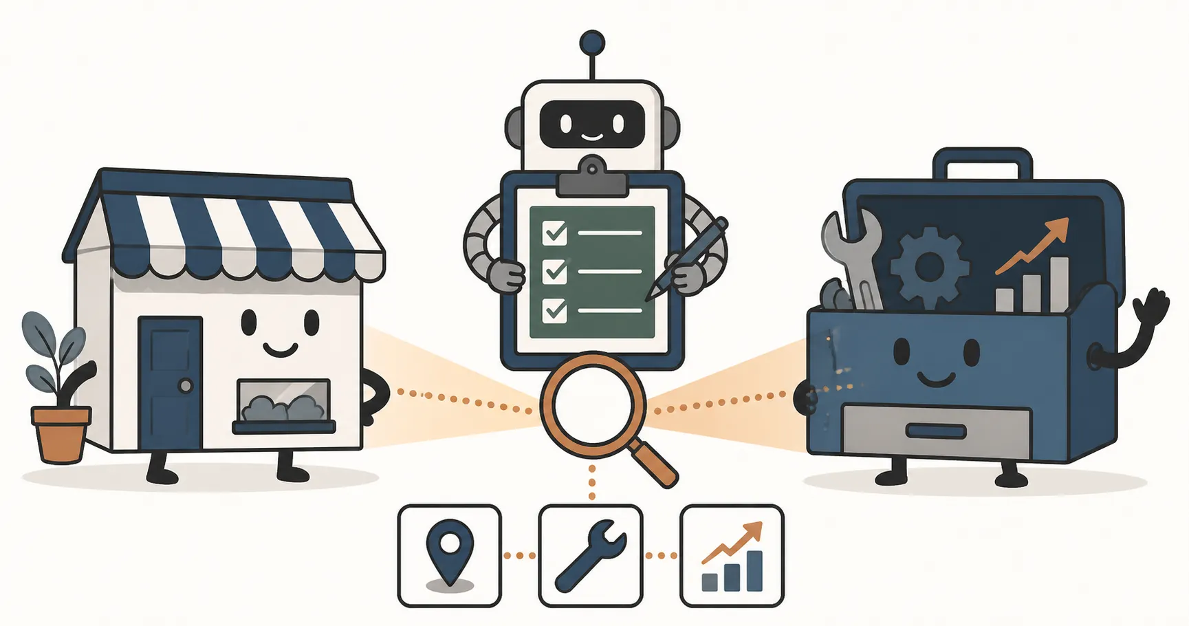 A small storefront character uses a green checklist to compare two friendly SEO workbench characters by fit.