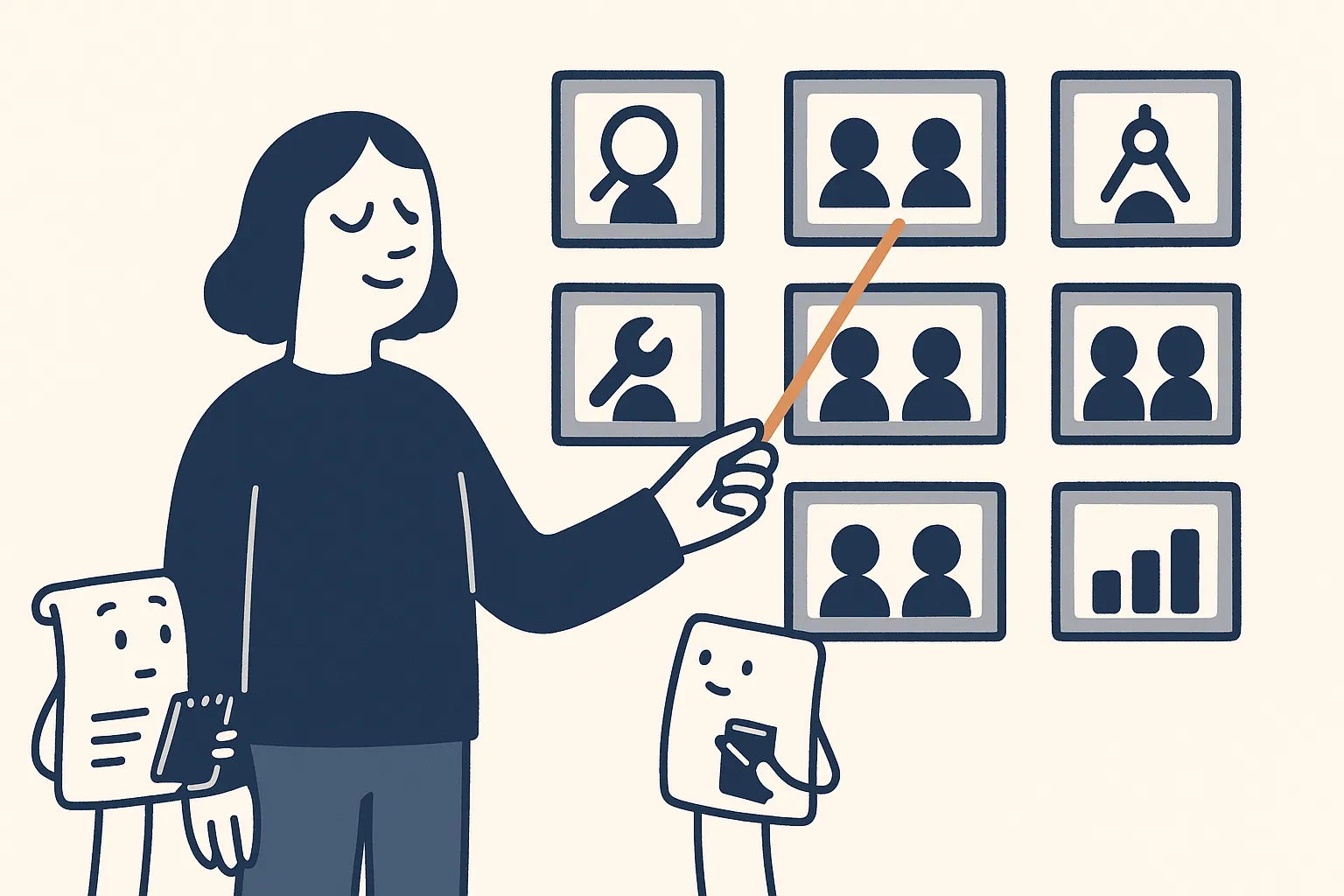 A navy guide character points an amber pointer at a wall of framed portrait silhouettes grouped by specialty icons, a magnifying glass, a wrench, a compass, and a bar chart, while two web-page characters take notes.