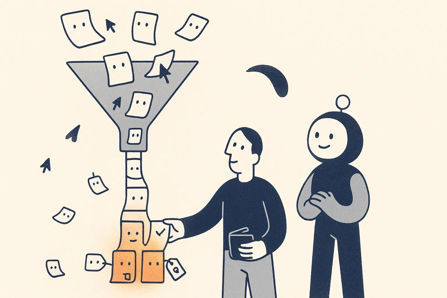 A tall funnel of stacked search-query characters: light queries near the wide top drift away unclicked, while the few glowing amber query characters packed into the narrow bottom carry price tags and buyer badges, and a calm buyer character with a wallet reaches up at the spout to take one.