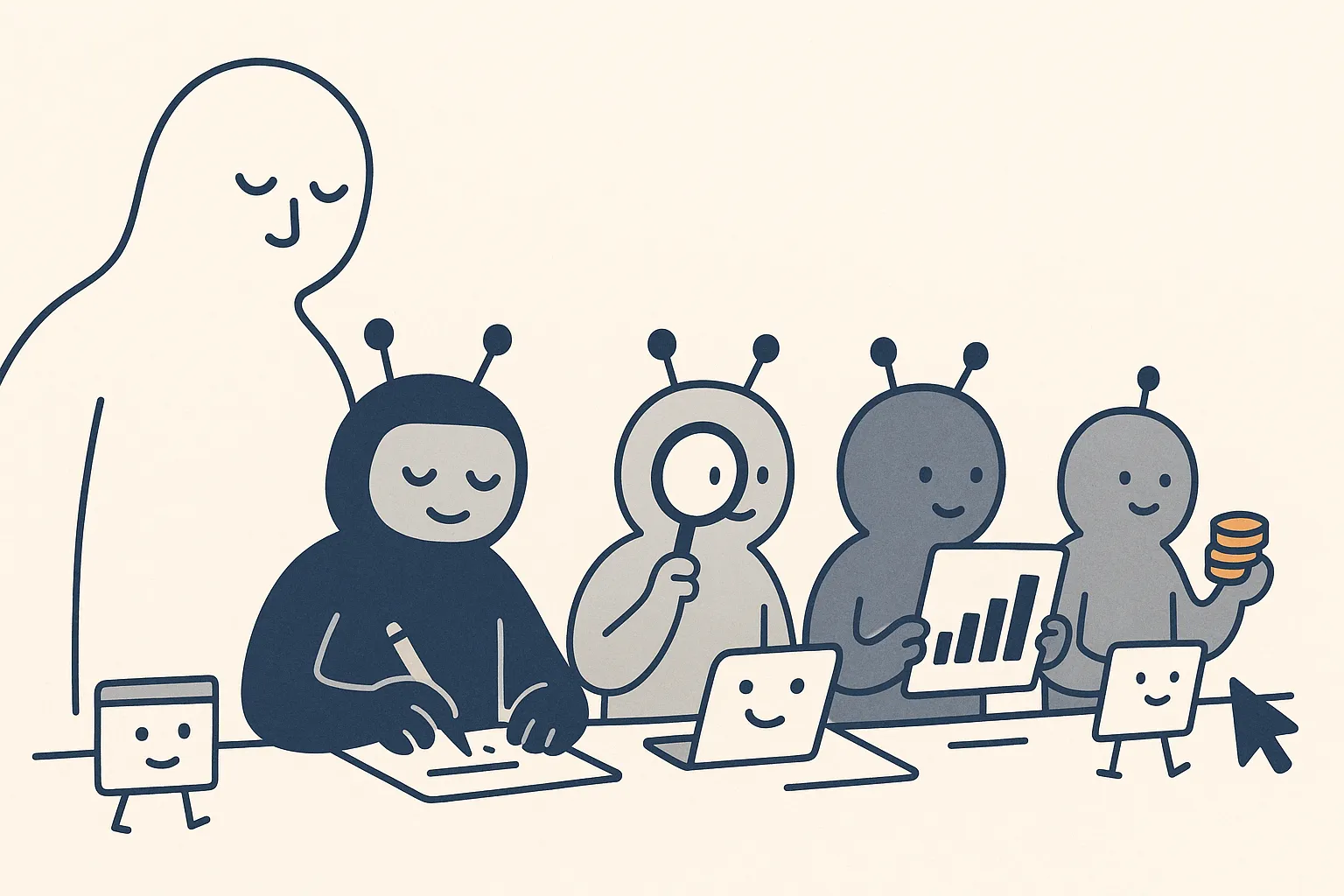 Four friendly AI-assistant robot characters of slightly different shapes line up at workstations, each handling a different task (a pen, a magnifying glass, a chart, a stack of coins), with one of them clearly the busiest hub.