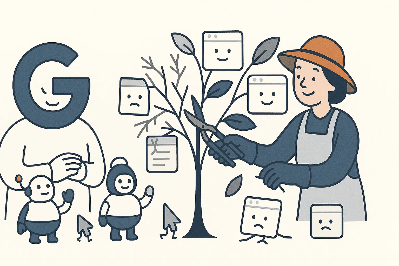 A gardener character carefully trims dead branches off a small tree made of web-page leaves, and the remaining healthy page-leaves brighten and grow larger as the clutter is cleared; a calm Google character nearby looks on approvingly.