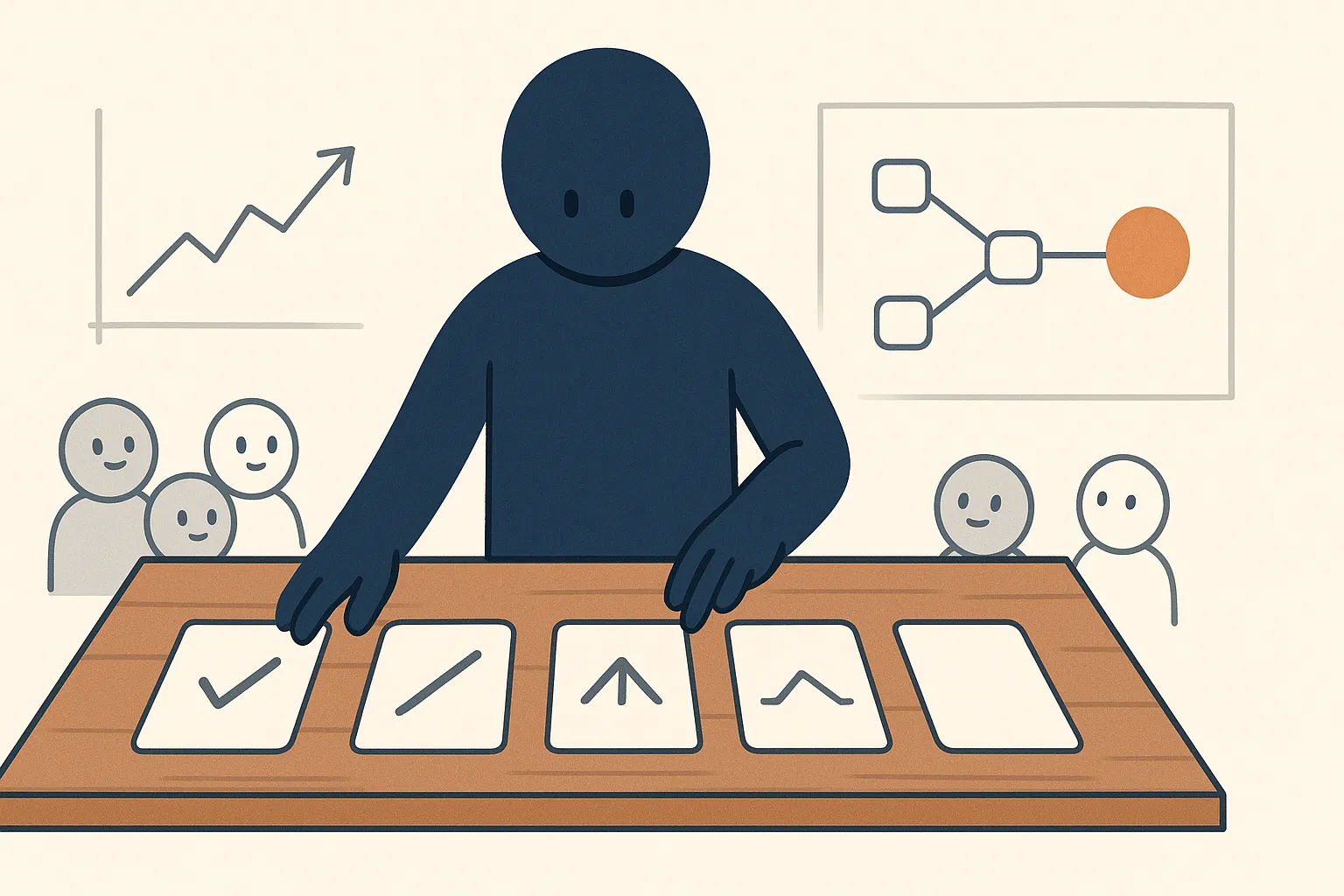 A navy strategist sorts blank page cards into four workflow lanes while audience, search, hub, and revenue symbols connect across a wooden planning table.