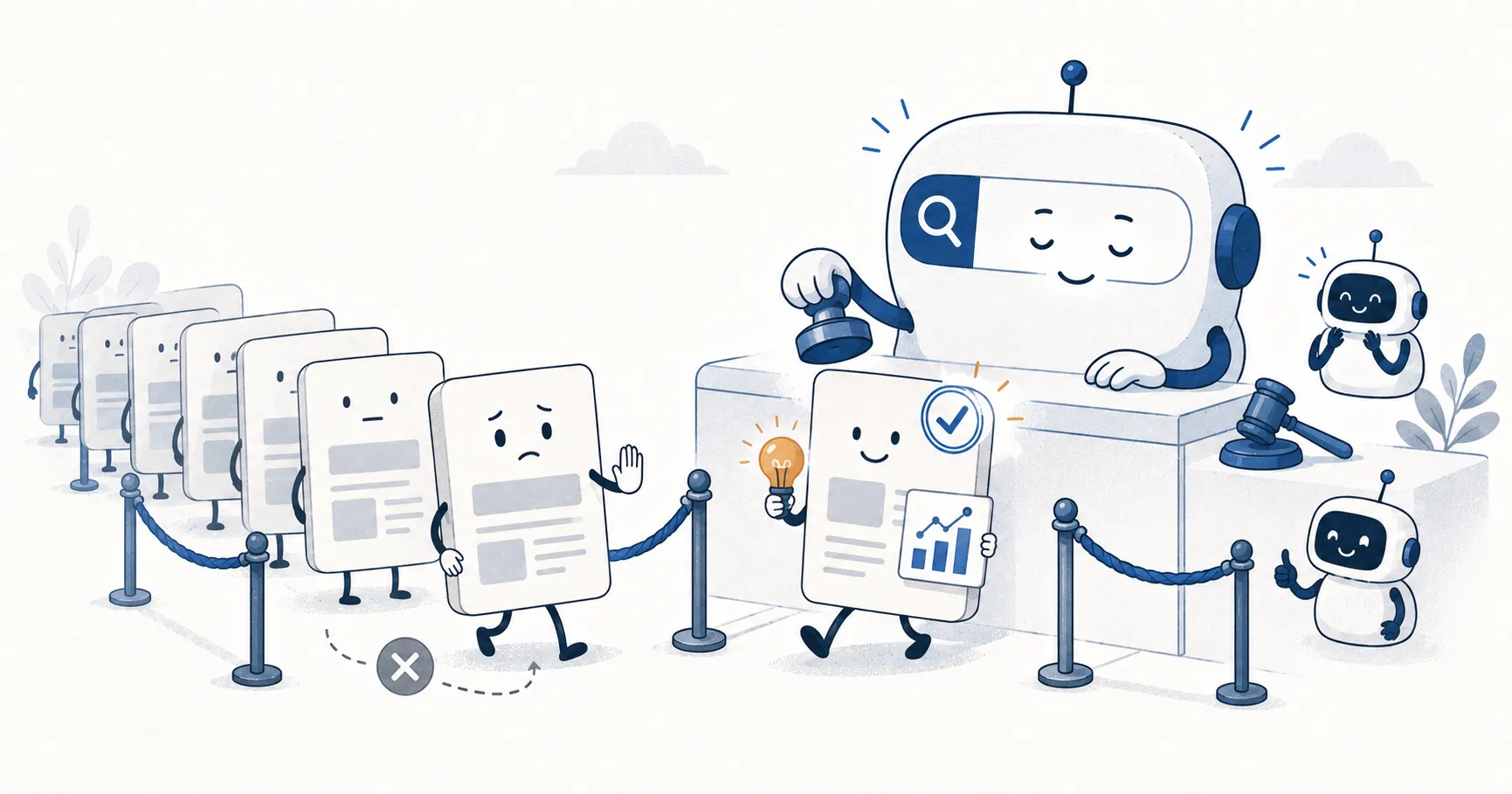 A search-engine judge character stamps a distinctive page holding a lightbulb and a data chart through a velvet rope, while a generic look-alike page is turned away with an X, a gavel on the bench beside it.