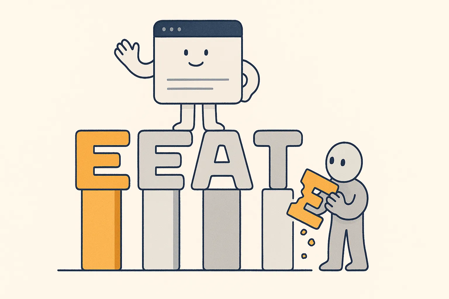 Four building-block letters E, E, A, T stand as pillars holding up a page character; the first E, labeled Experience, glows in warm amber and is visibly larger and load-bearing, while a faceless AI bot tries and fails to copy that block.
