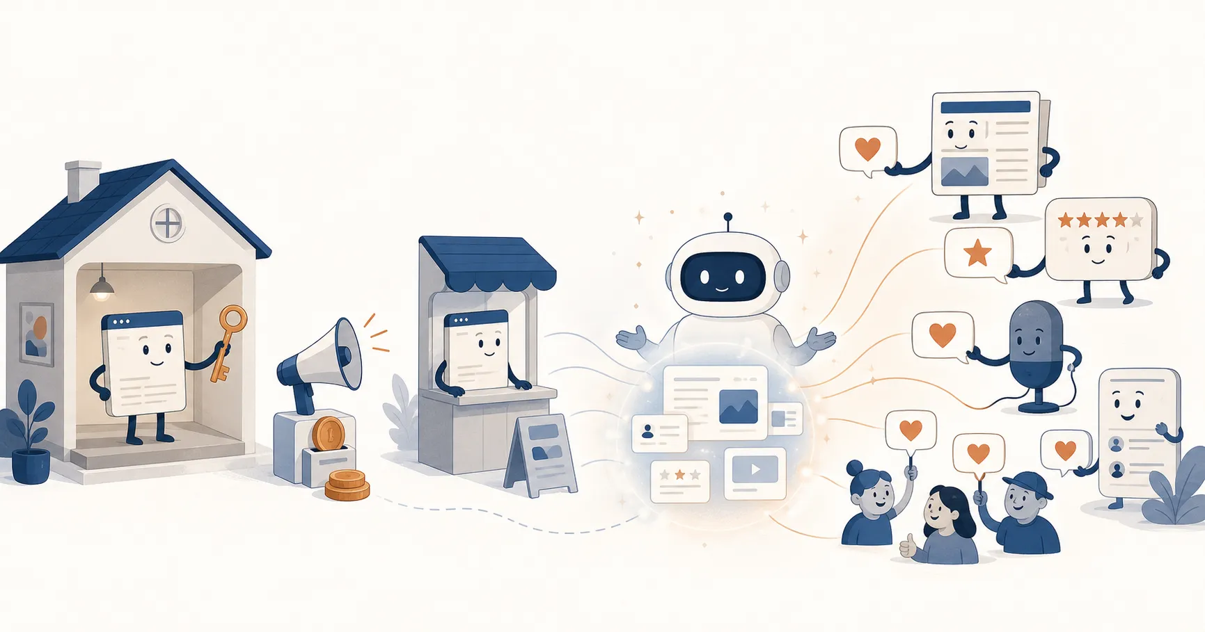 A brand page holds the key to its owned home, passes through a rented platform kiosk, and reaches a calm AI assistant surrounded by independent news, review, podcast, and community characters offering recommendations.
