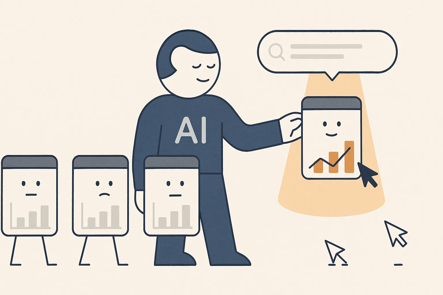 A row of identical web-page characters all holding the same generic chart get ignored by a calm AI-Overview character, while a single different page character holding its own original benchmark chart is spotlit and pulled into the answer bubble.