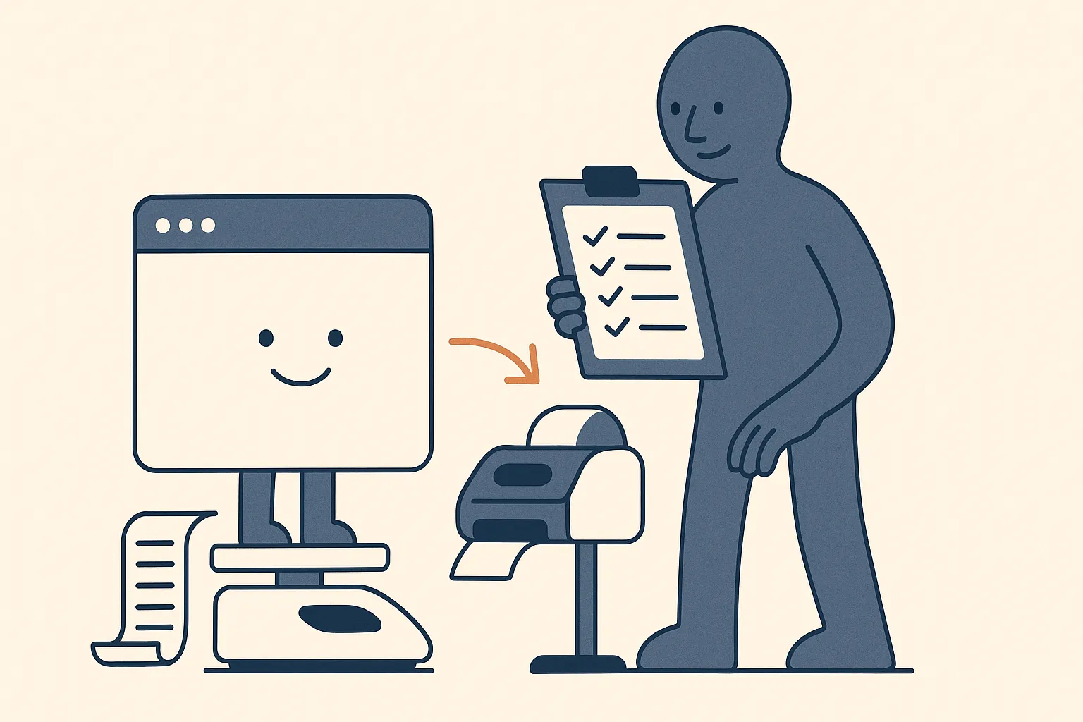 A small web-page character stands on a scale that prints a friendly score card, while a calm navy character sets down the automated scanner and instead holds a clipboard with a prioritized checklist, and a tiny amber arrow points from the raw score toward the ordered plan.