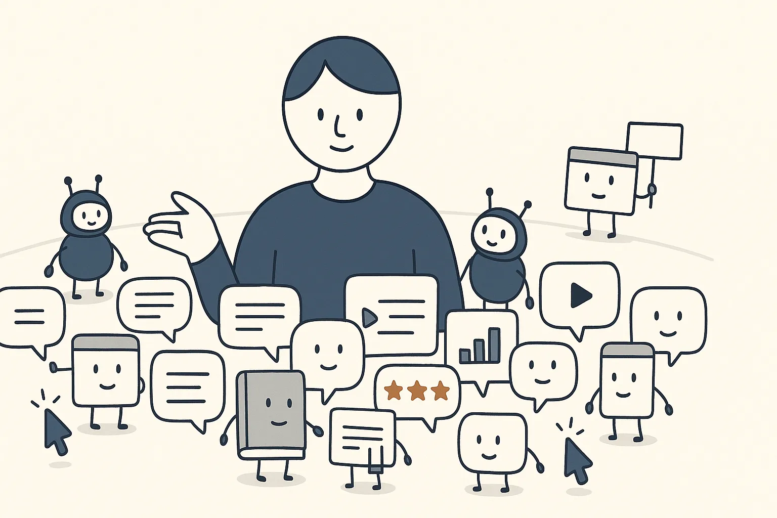 A calm AI-Overview character sits at the centre of a wide crowd of little source characters offering it facts: video-play bubbles, chat threads, review-stars cards, an analyst holding a tiny chart, and a reference book. One lone website-page character labelled 'your site' stands near the back of the crowd, holding a small sign, barely getting noticed.