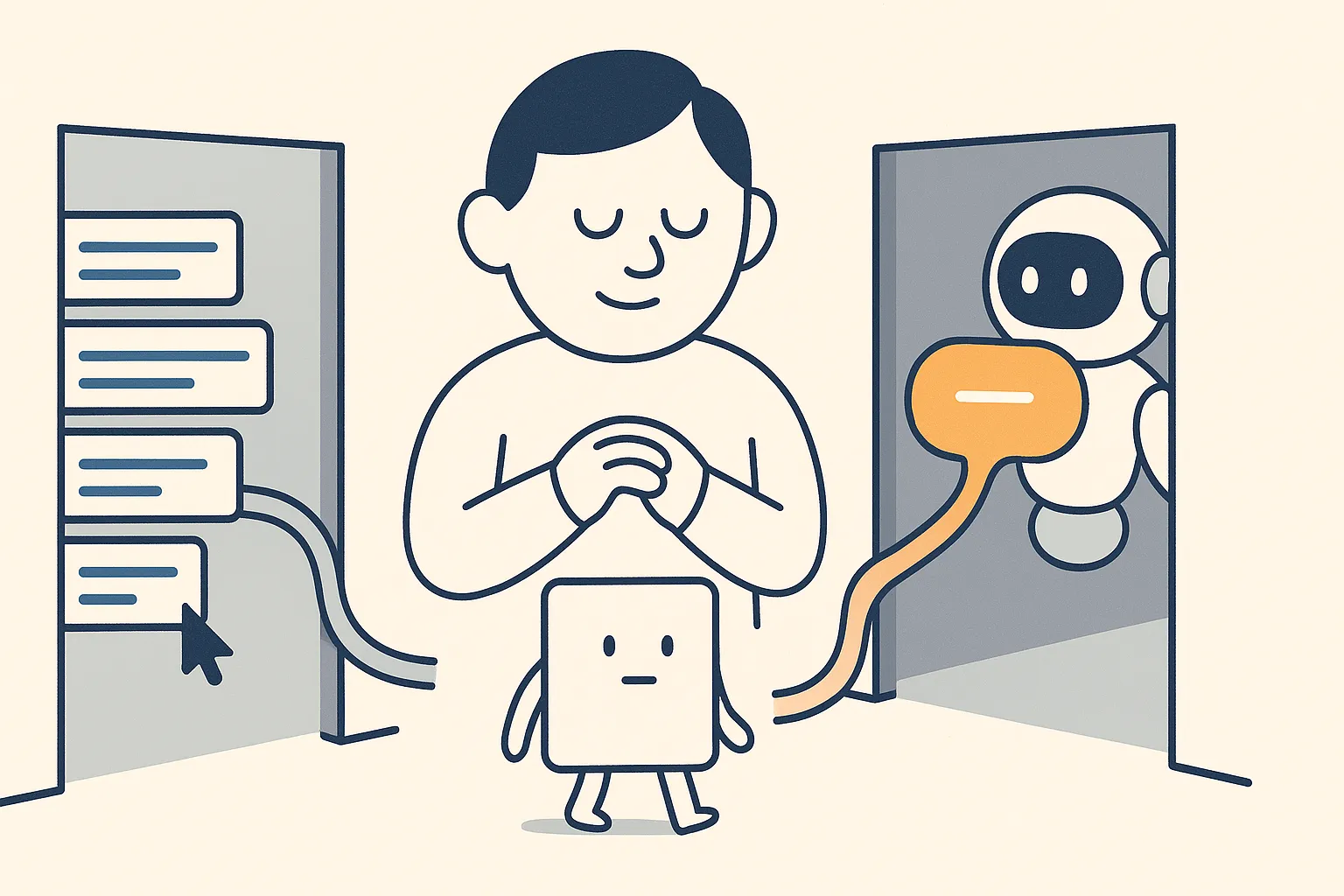 A single web-page character stands between two open doorways that both lead into the same room; on one side a stack of ranked blue links, on the other a calm AI assistant composing one glowing answer bubble, the two flowing together.