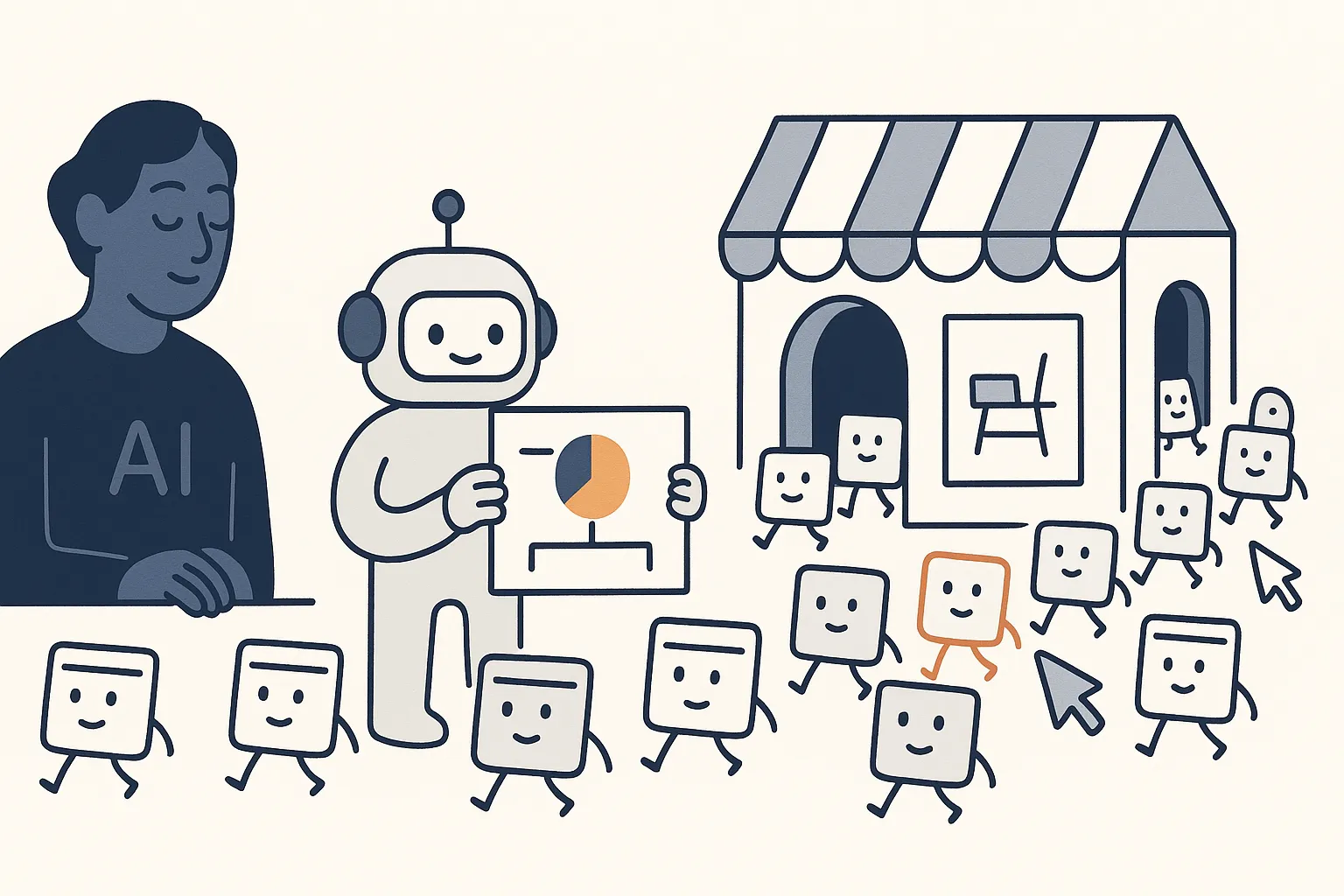 A calm navy marketer character watches a crowd of visitor characters stream into a storefront and walk straight out the back door past an ignored demo-booking desk, while a friendly AI-assistant bot points at a small chart separating high-intent from low-intent visitors.