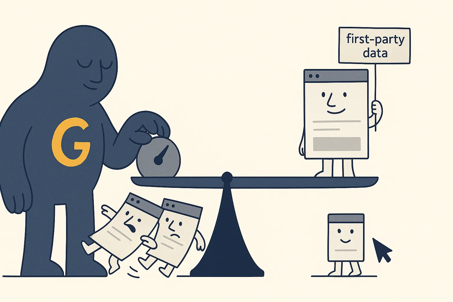 A calm navy Google character adjusts a large balance scale that reweighs little web-page characters, while one steady page character stands firm on solid ground holding a first-party-data sign as lighter pages tip and slide.