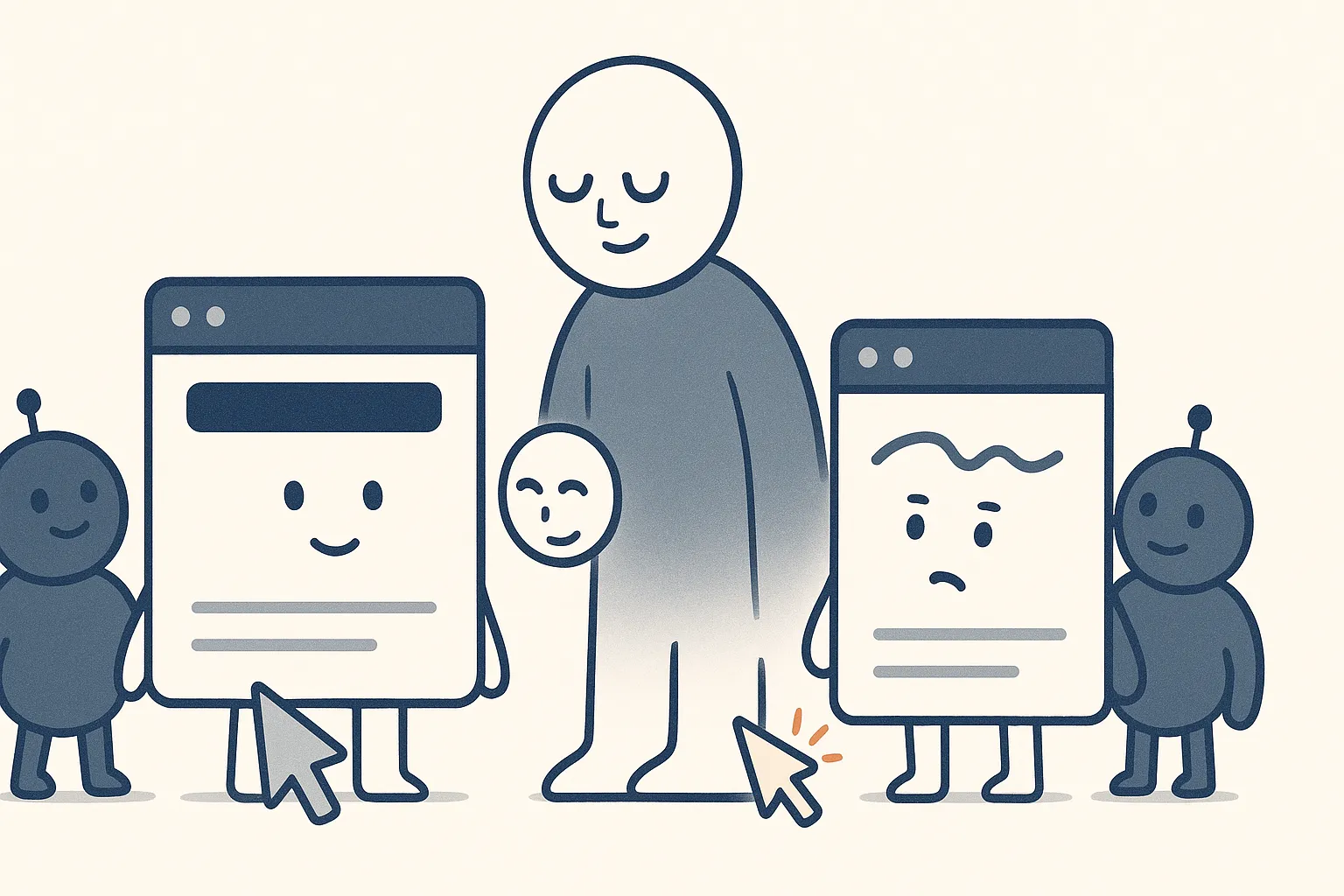 A little web-page character wears a big headline banner across its top that clearly reads as its main label; a calm Google character reads the banner and instantly nods, while a second page whose banner is a vague squiggle gets a puzzled look.