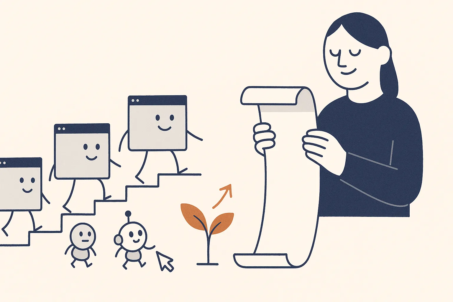 A calm navy character watches a small web-page character grow from a seedling on a stepped path marked in weeks and months, while a friendly Google character checks a timeline and a tiny amber sprout labeled with an upward arrow rises at the far end.