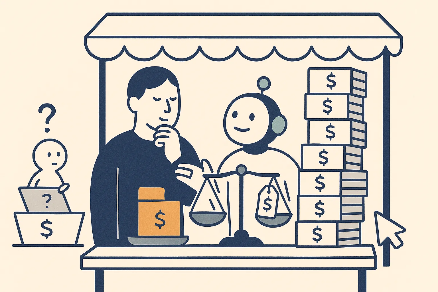A calm buyer character at a market stall weighs SEO price tags, comparing a small tidy amber project-audit box against a much larger recurring monthly-retainer box stacked with repeating price tags, while a friendly consultant gestures to the smaller box and a question-mark character floats over a suspiciously cheap bargain box.