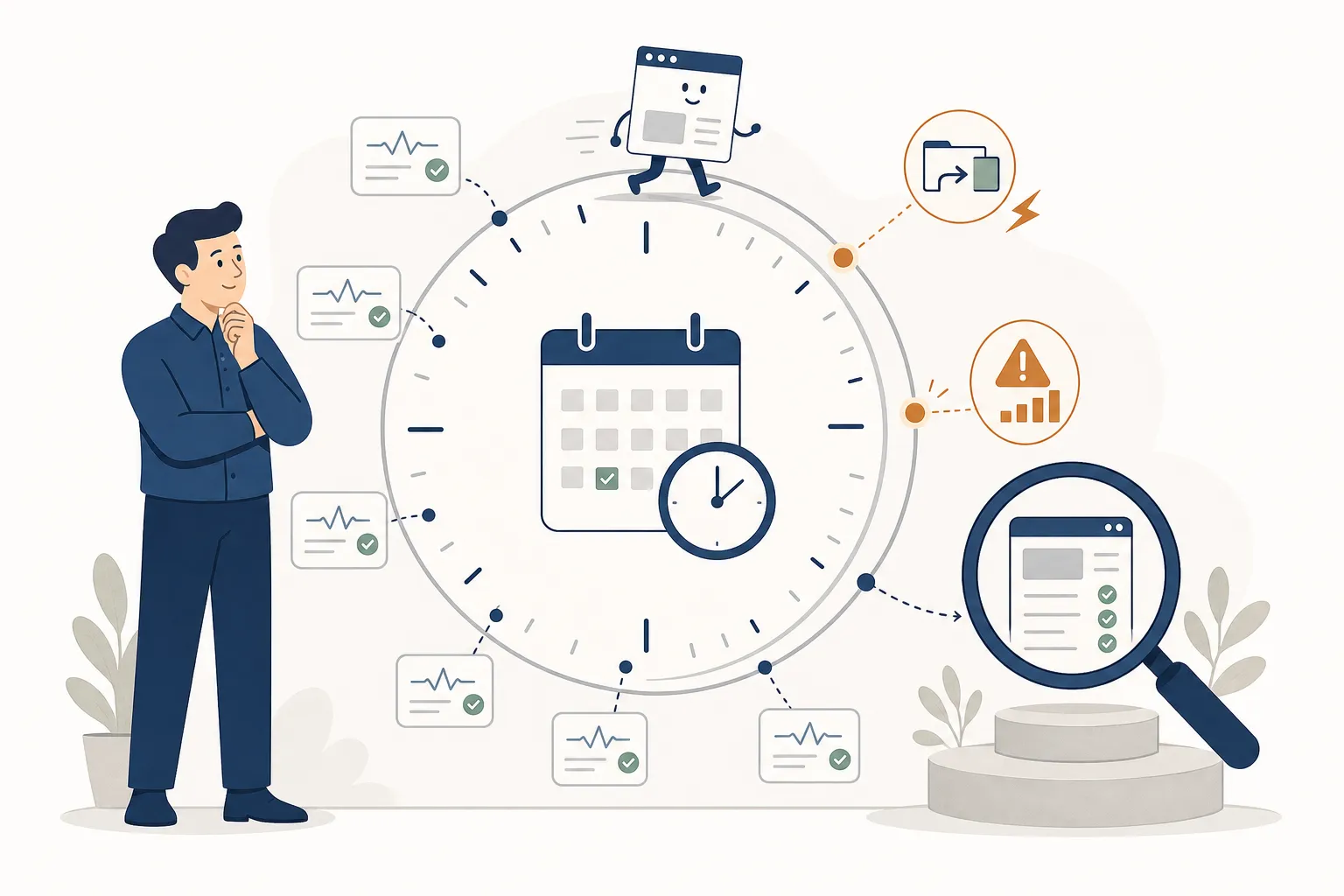 A strategist compares frequent website pulse checks with a larger full-audit checkpoint arranged around a calendar and clock.