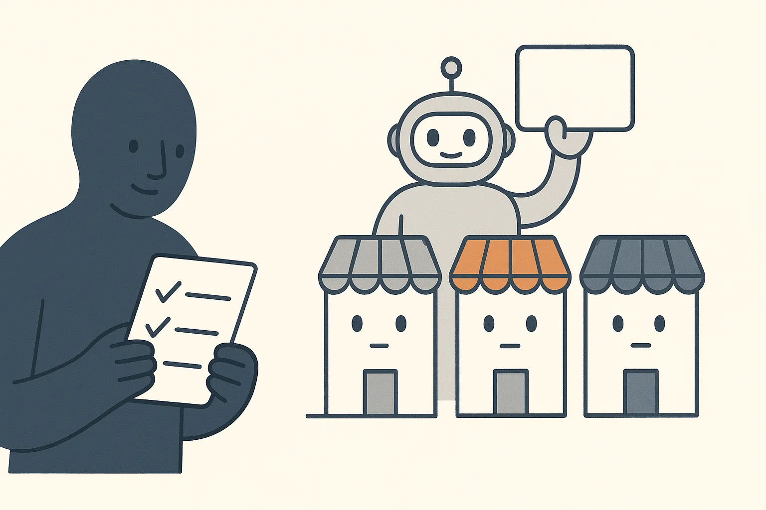 A calm navy buyer character holds a checklist card and compares three small agency-storefront characters lined up in front of a friendly AI assistant bot, which holds up a blank answer card.