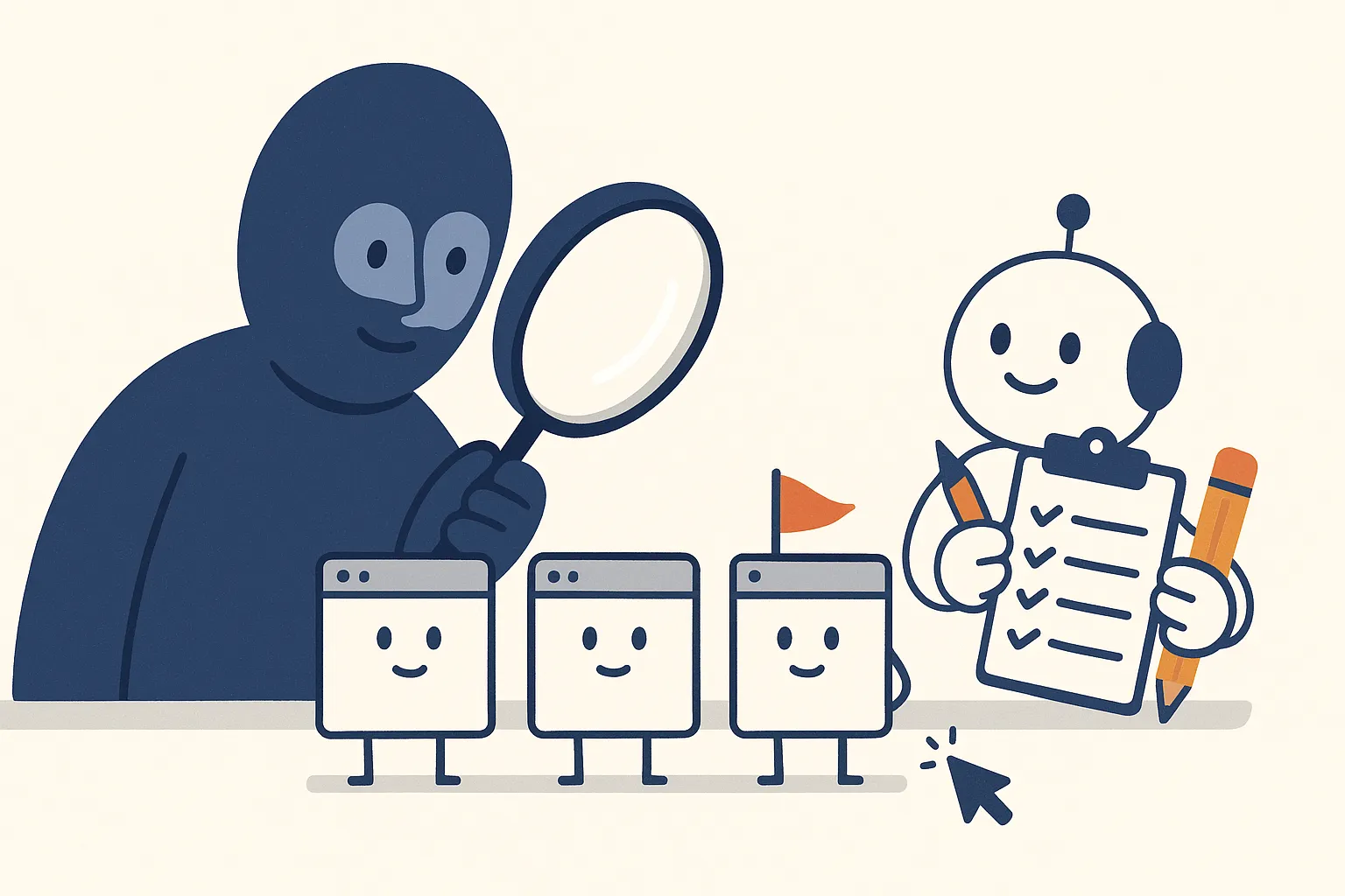 A calm navy character inspects a row of three small friendly browser-window agency characters through a magnifying glass; the third one flies a little red flag, while a friendly AI-assistant bot beside them holds a checklist clipboard and a pencil.