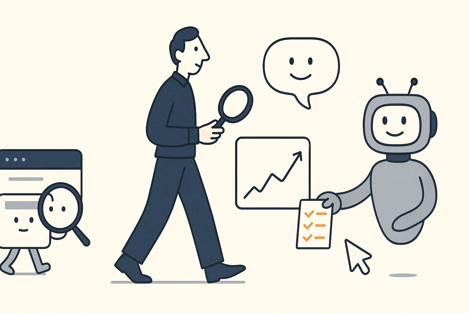 A calm navy SEO strategist character moves left to right along a row of stations, first crawling a small website character, then reading a Search Console chart, then testing a friendly AI-answer bubble, and finally handing over a short amber-highlighted plan.