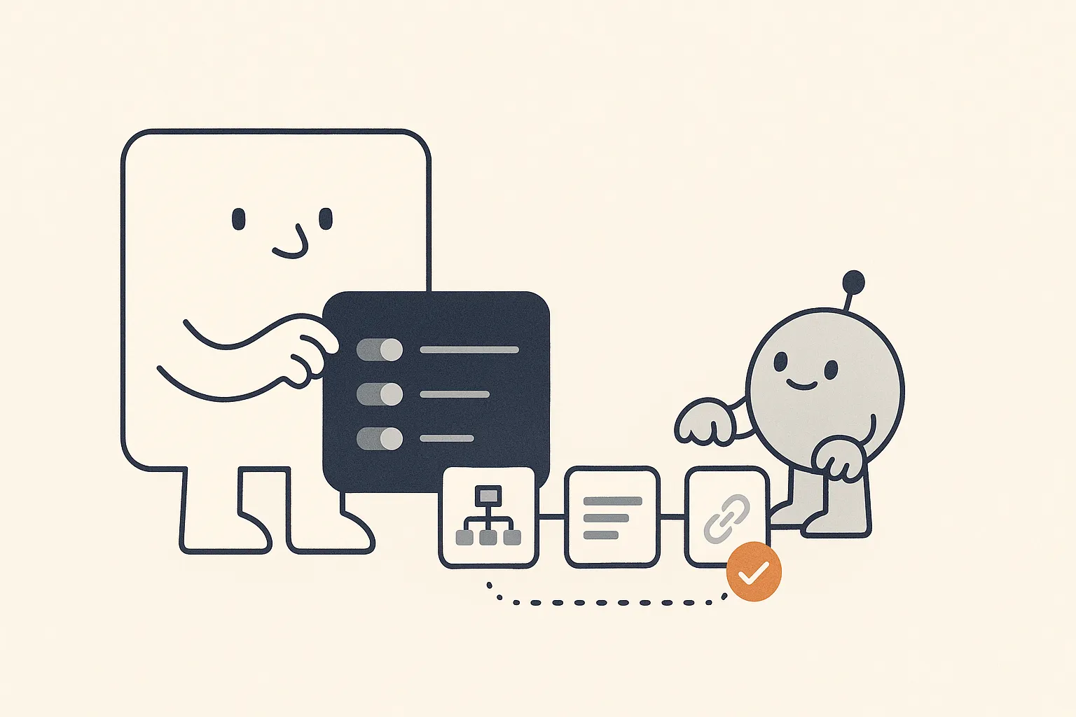 A calm web-page character uses a simple WordPress control panel while a small robot checks indexation, page structure, and internal links in an orderly sequence.