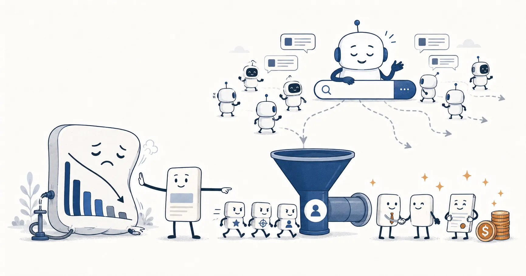 A page character turns away from a deflating sessions bar chart and funnels high-intent visitor characters into a pipeline funnel that outputs handshakes and coins, while casual bots read an AI Overview answer and wander off.