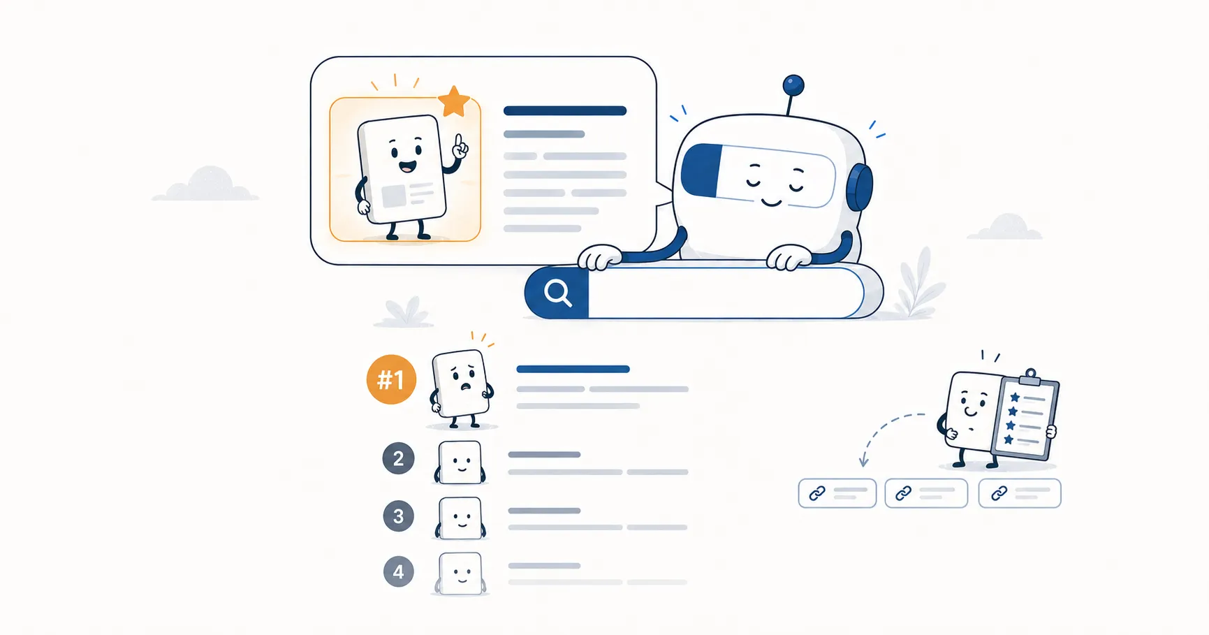 An AI Overview character holds an answer bubble where one page character is spotlit and named, while a ranked list runs down to a sad page at the bottom, and ignored citation-link footnotes sit off to the side.