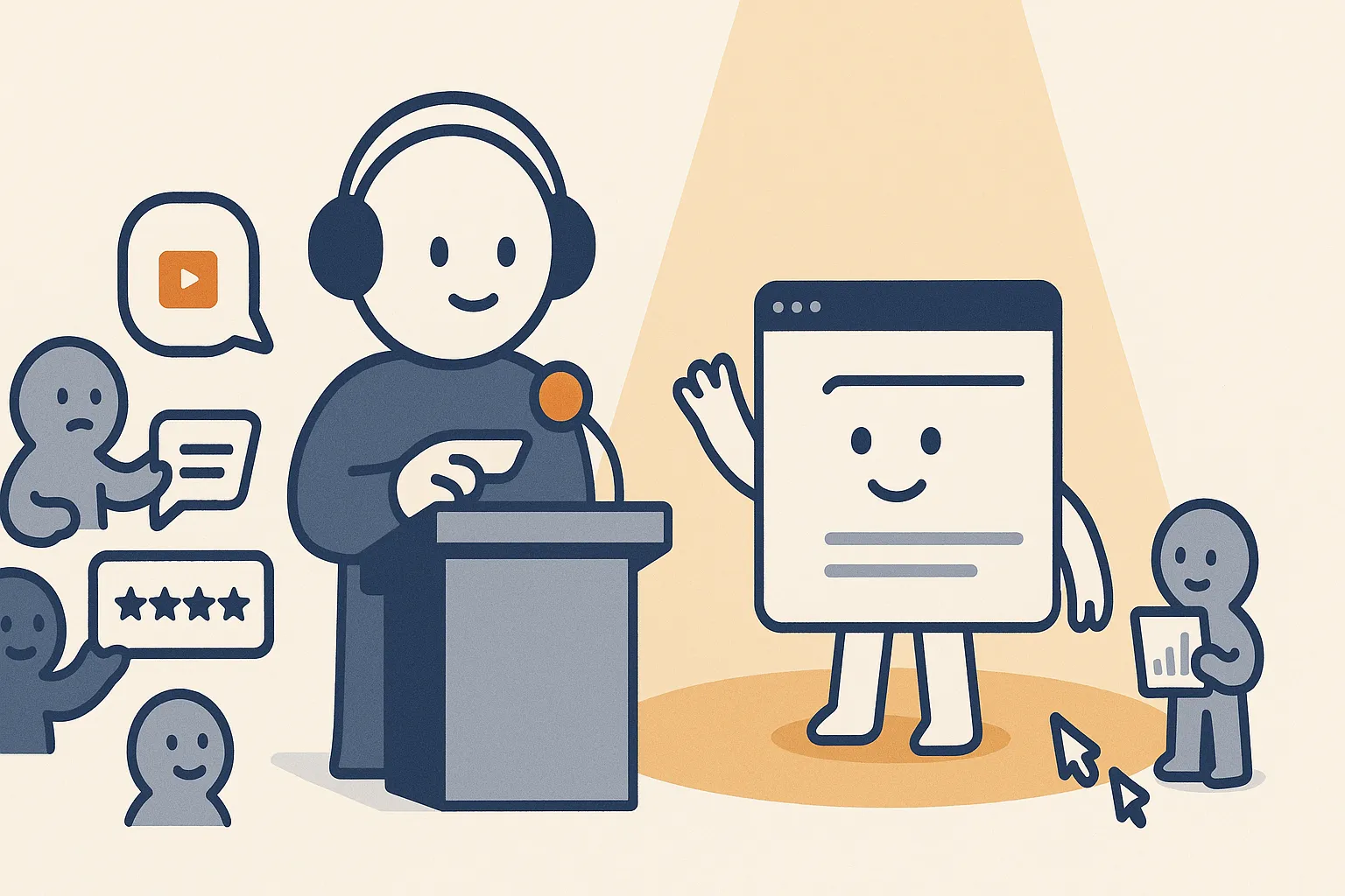 A calm ChatGPT-style assistant character stands at a podium reading out a recommendation, with one brand's little website-page character stepping into the spotlight as the named answer. Around the podium, source characters (a Reddit speech bubble, a YouTube play button, a review-stars card, an analyst with a chart) hand the assistant notes, while the named page waves.