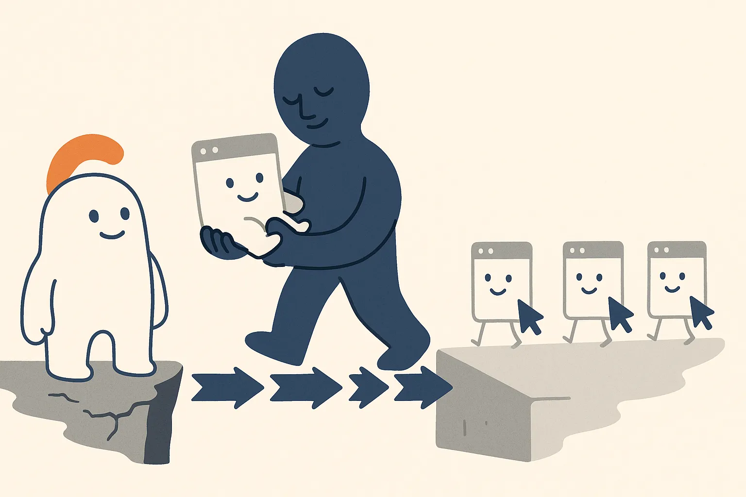 A calm navy character carries a small web-page character across a bridge made of arrows from an old cracked platform to a fresh new one, while a friendly Google character watches and a tiny signpost shows each old page arrow pointing to its new home.