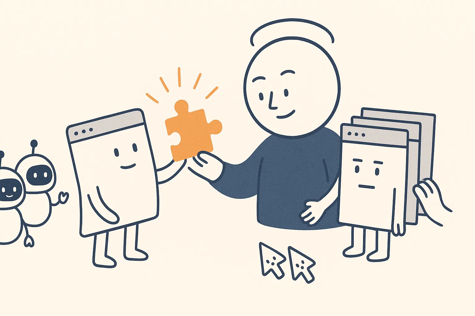 A little web-page character hands a calm Google character a single glowing new puzzle piece, while a pile of identical grey pages nearby is waved off; the Google character brightens at the one piece it did not already have.