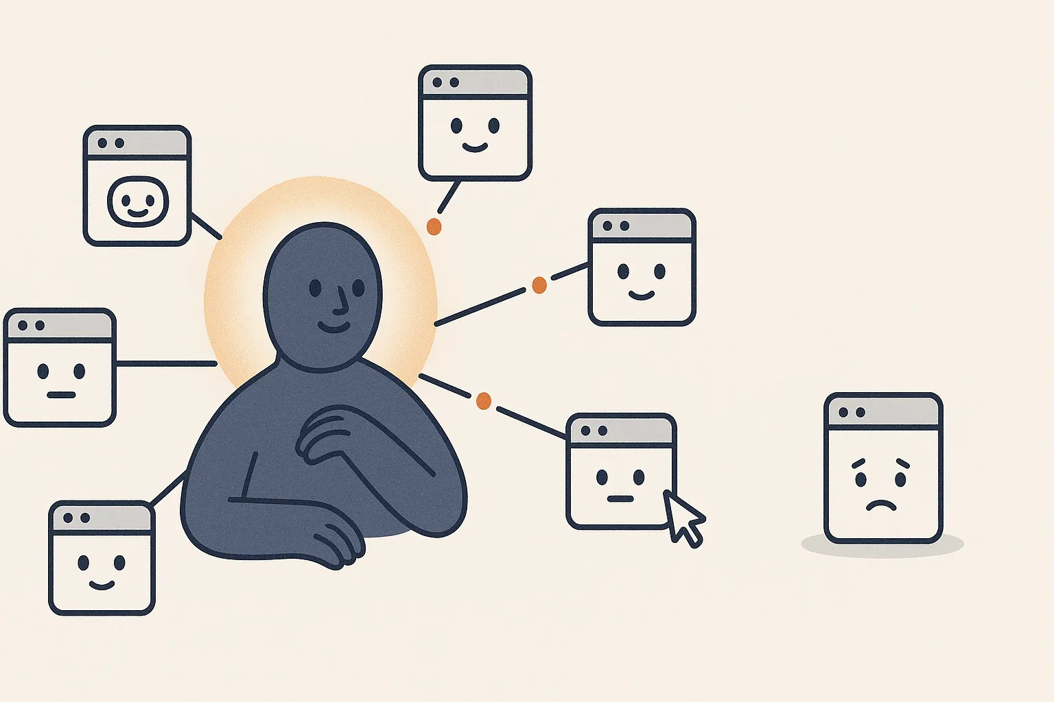 A central hub page character glows while spoke page characters around it connect upward to it with clear link-lines, authority flowing toward the hub; off to the side a lonely orphan page with no connections sits dim and ignored.