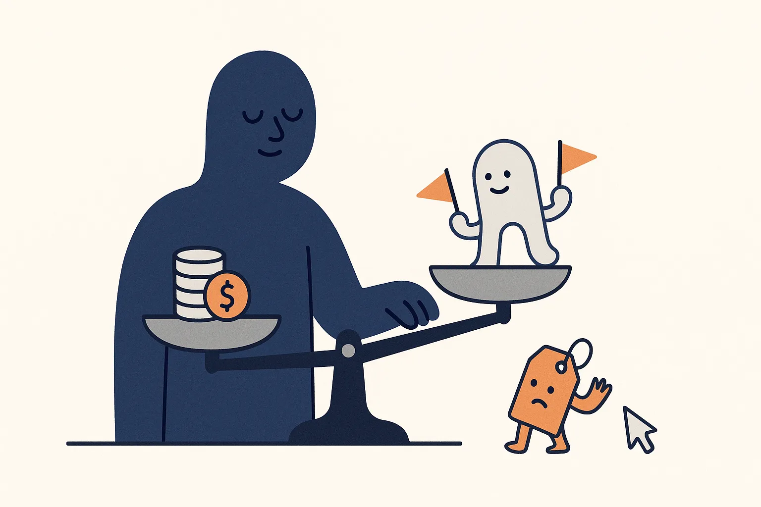A calm navy character stands at a balance scale weighing cost against benefit: one pan holds a small stack of coins marked with a dollar sign, the other holds a friendly pipeline character carrying little amber demo-booking flags, while a frowning discount-tag character is gently waved away at the side.