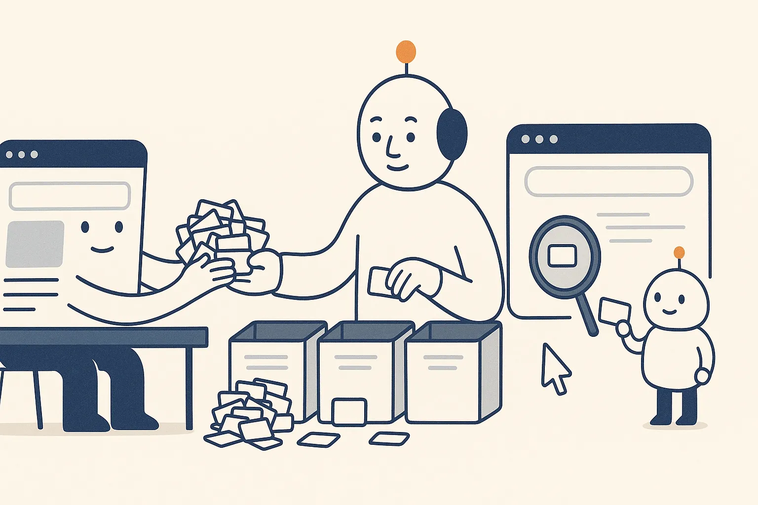 A web-page character at a desk hands a messy pile of keyword cards to a friendly AI assistant that sorts them into neat labeled clusters, while a small magnifying-glass character checks one card against a live search results screen nearby.