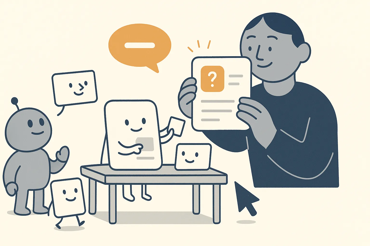 A friendly AI-assistant character hands a page character a small toolkit; the page character swaps a buried question card up to the top of itself and tidies its sections into a clean stack, then rises into the assistant's answer bubble.