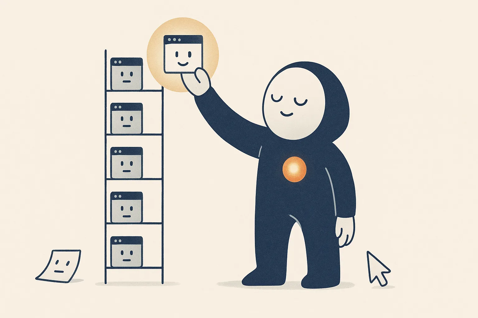 A calm AI-Overview character reads from a tall ranked scoreboard of web-page characters; the page at the top of the classic-search ladder is the one it lifts into its answer bubble, while a small llms.txt slip of paper sits ignored on the floor.