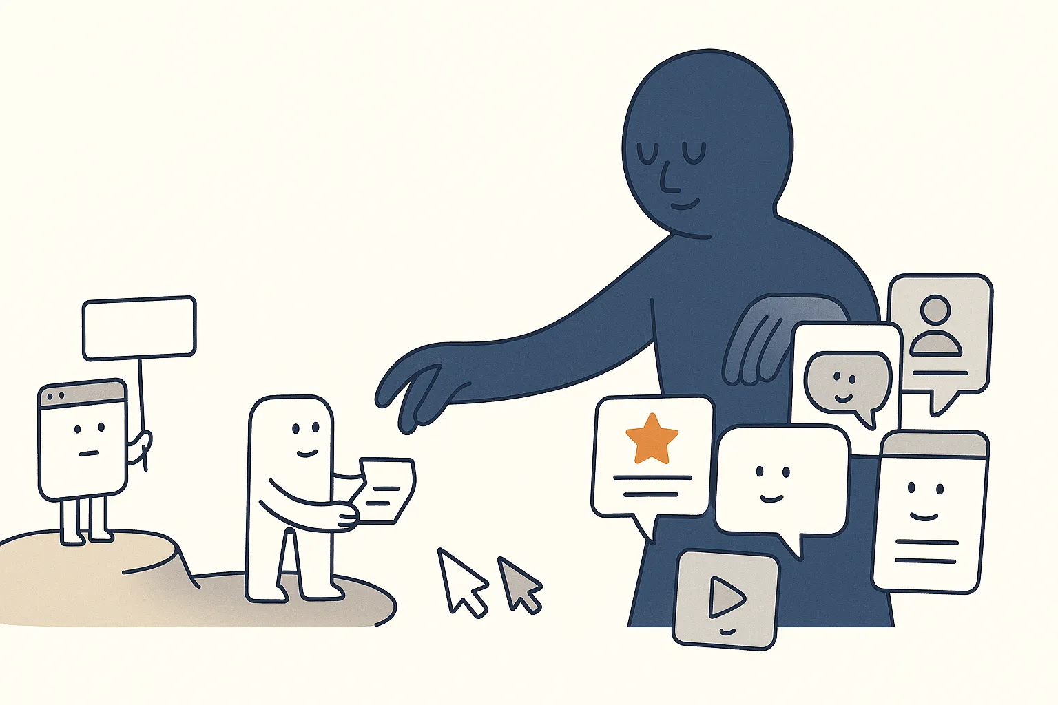 A little web-page character stands alone on its own island while a calm AI character reads from a crowd of other sources, review-site, forum, and video characters, across the web, and picks a name from the crowd.