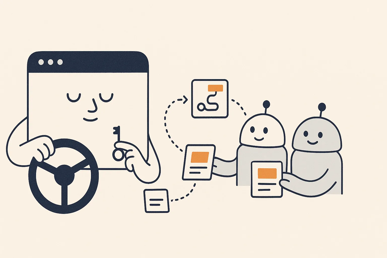 A calm web-page character keeps a hand on the steering wheel and holds the key while passing defined SEO work cards to two friendly assistant bots.