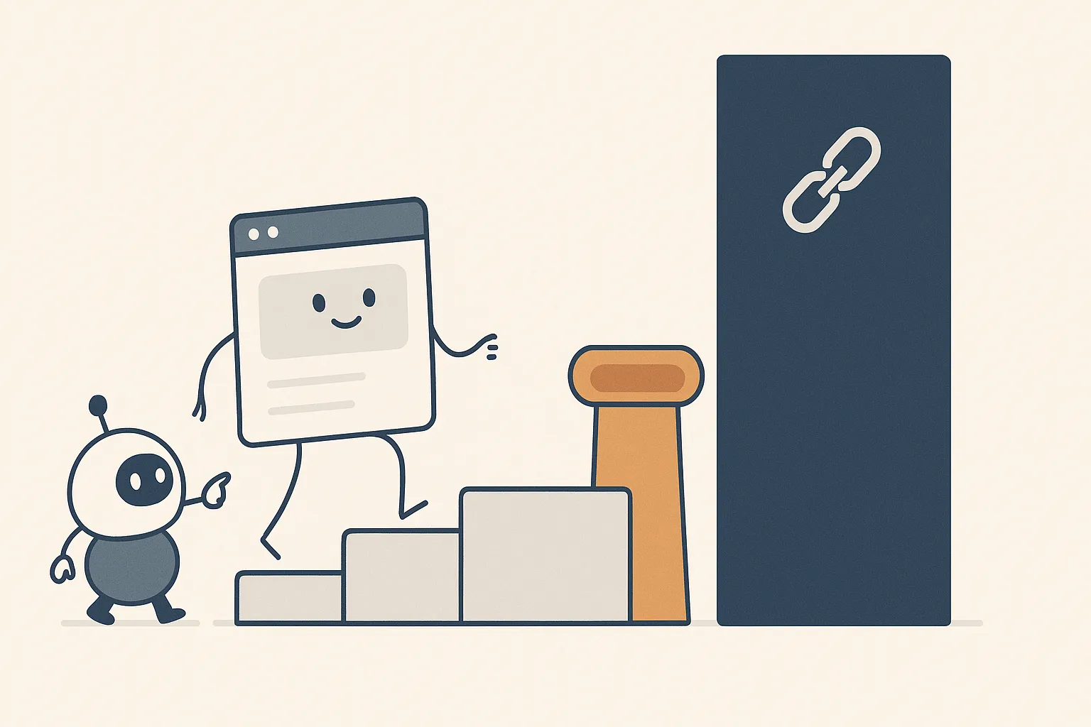 A calm web-page character climbs an internal-link staircase toward a search podium while a taller authority wall ahead shows where external backlinks become necessary.