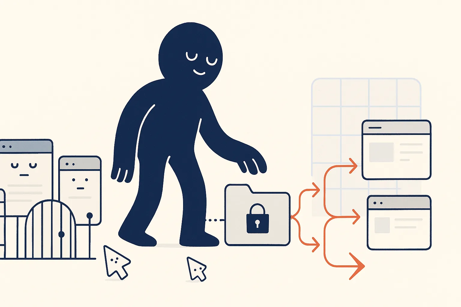 A calm navy crawler character follows a clear amber route toward an organized security library while parameter, feed, and staging-page characters wait behind a small gate; a long line of redirect arrows remains open beside them.