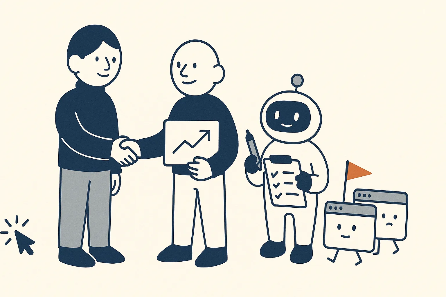 A calm navy founder character shakes hands with a friendly SEO-consultant character holding a small SaaS-dashboard sign, while a friendly AI-assistant bot beside them holds a checklist clipboard; two little browser-window characters wait in line, one flying a small red flag.