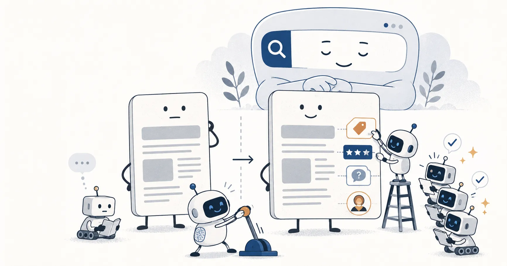 A plain web-page character becomes a labeled one as an AI assistant on a ladder tags it with a price, star rating, FAQ, and author badge while another pulls a single lever, and a row of reader-bots check it off.